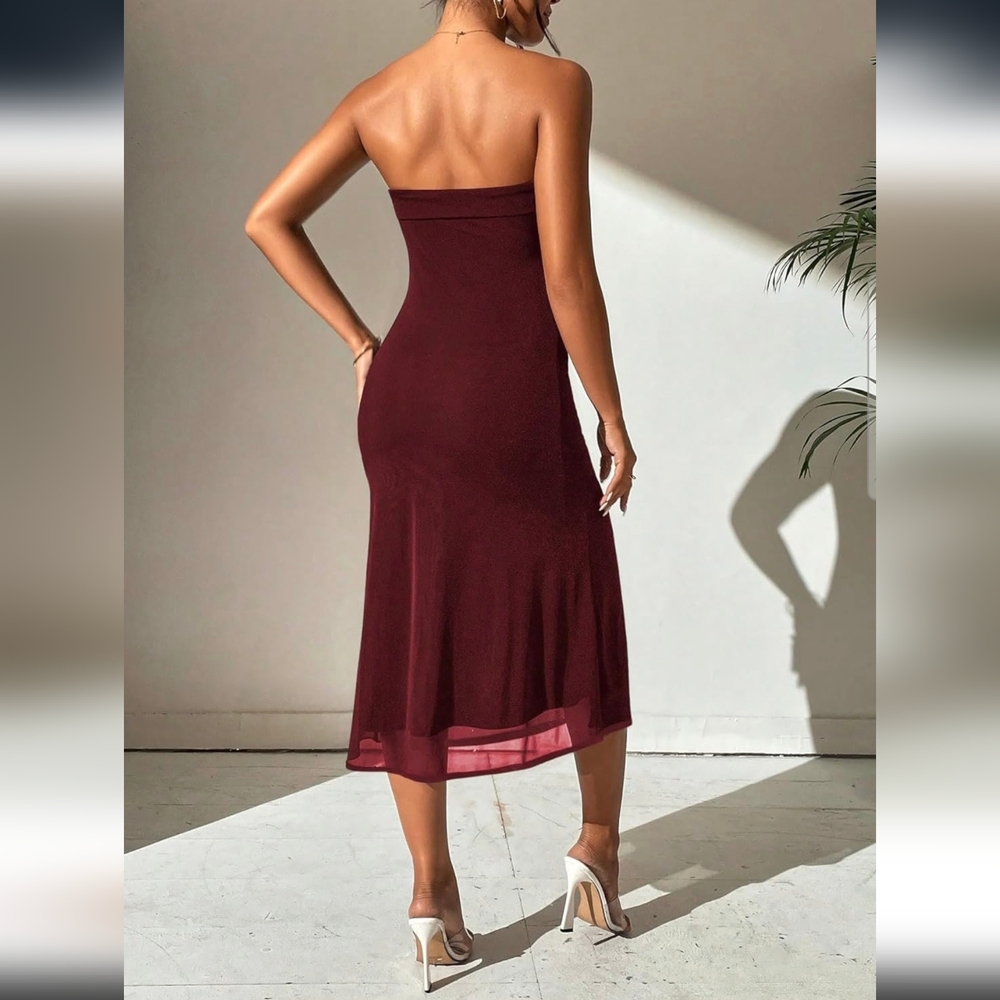 NWT Burgundy Strapless Midi Sheath Dress XXS - Picture 2 of 5